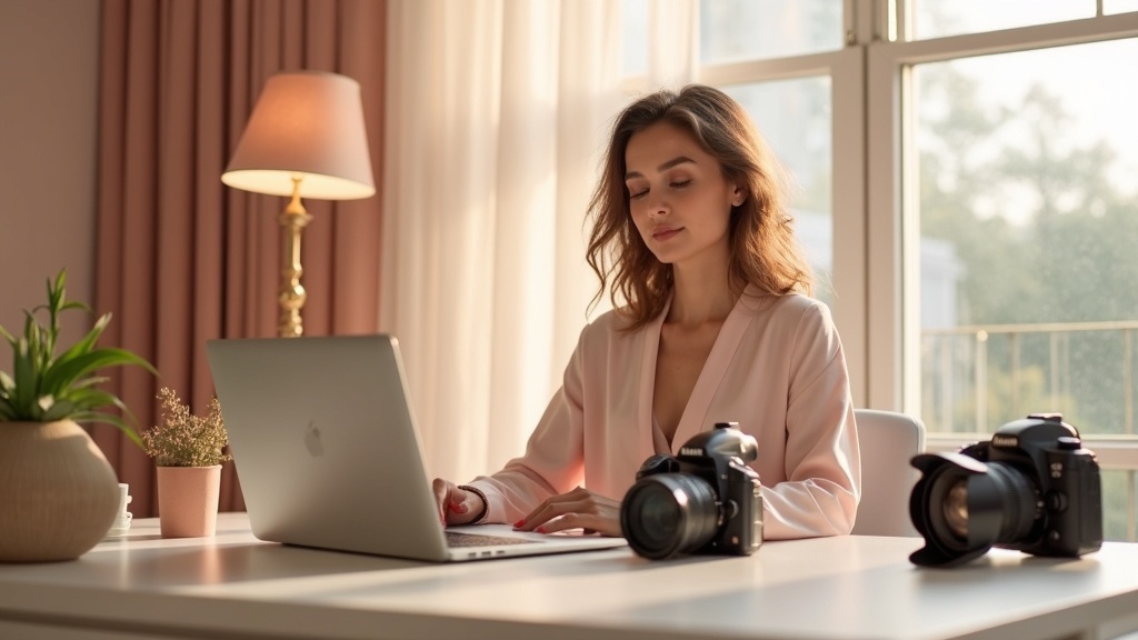 Женщина начинает свой путь в качестве создателя контента с ноутбуком и камерой